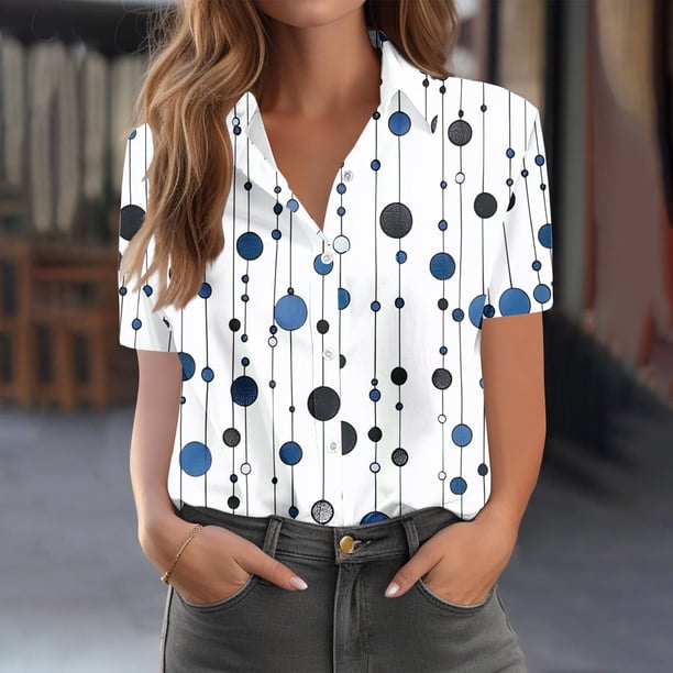 TaTaai Women's Random Print Short Sleeve Button Front Collared Shirt Top Loose Fit Summer Casual Blouse Versatile Plus Size Gift