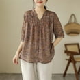 thumbnail image 4 of Luxalzxs Womens Summer Cotton Linen Tops Loose Casual Boho Floral Print Pleated Shirt Half Sleeve Notch V-Neck Tees Tops, 4 of 5