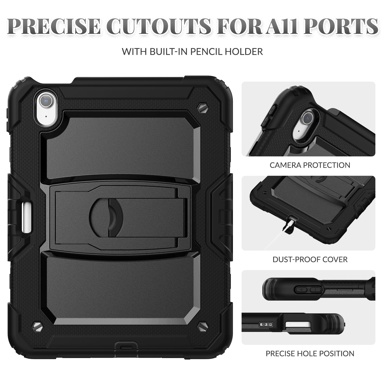 Dteck Built-in Screen Protector Case for iPad Air 11 inch 2025/2024 ,Heavy Duty Silicone Case Foldable Stand Cover Built-in Pencil Holder with Shoulder Strap for iPad Air 11-in. M3/M2,Black