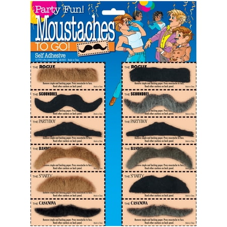 Assorted Moustaches 12pc Costume Accessory Set, Black Brown Gray, One Size