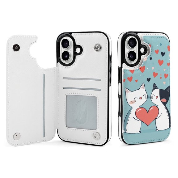 Compatible with iPhone 11 12 13 mini 14 15 16 Pro Max Plus Wallet Case with Card Holder, PU Leather Kickstand Card Slots Case ( Kitty Cat Love, iPhone 16)