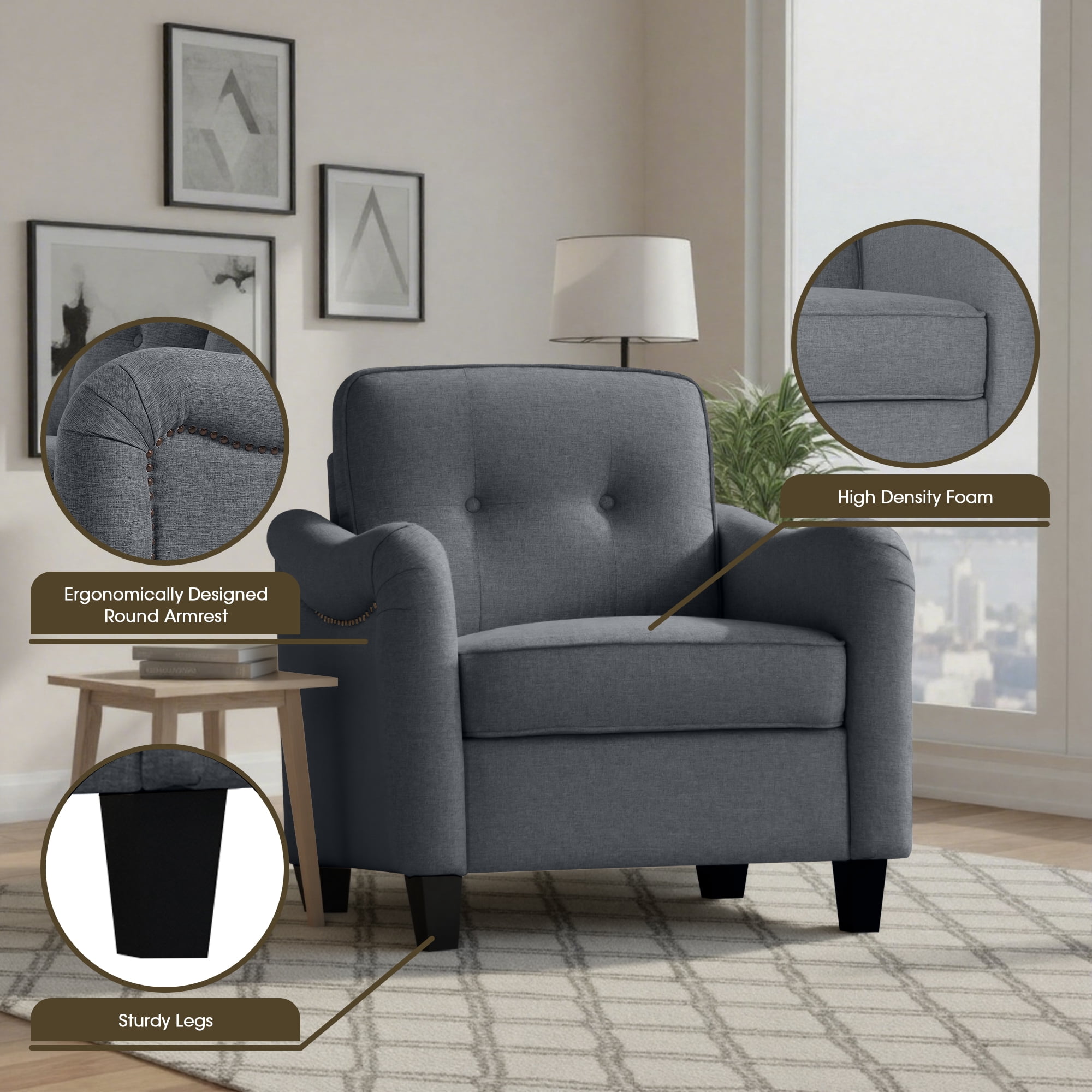 Aukfa 3 Piece Sectional Sofa Set for Living Room, Upholstered Modular Couch with 3-Seat Sofa, Loveseat & Accent Chair, Comfortable Furniture Set for Home/Apartment, Dark Gray