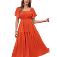 thumbnail image 3 of Women'S Summer Short Sleeve Square Neck Smocked Waist Casual Vacation Tiered Flowy Maxi Dress Orange and Red L, 3 of 6