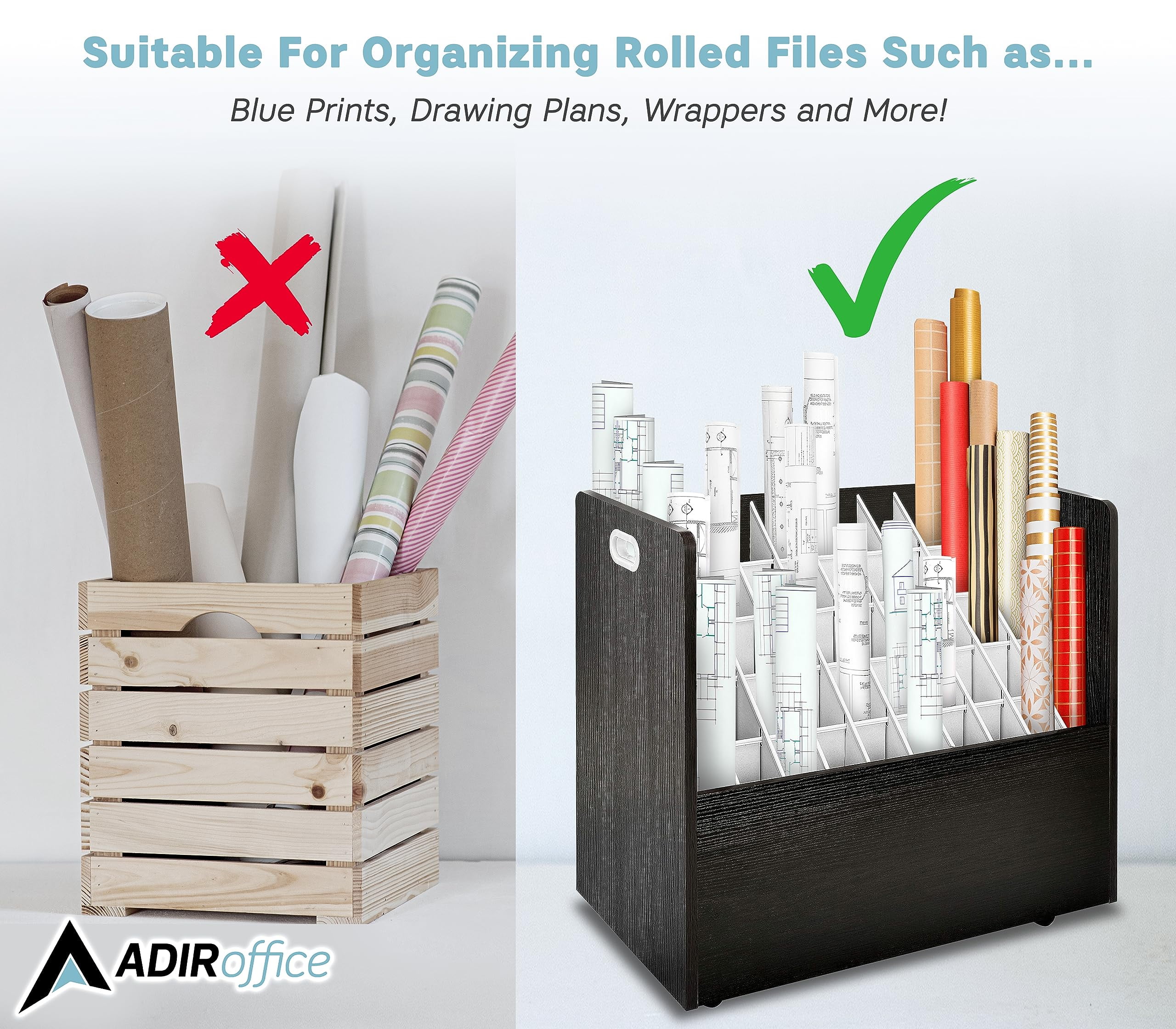 AdirOffice Blue Print Storage Organizer- Mobile Roll File Cart, Construction Plan Holders, Blueprint Cabinet with Wheels (50 Slots, Black)