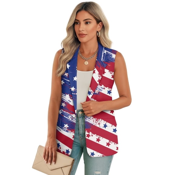 Uorisanigo American Flag Stripe Women's Jacket Vest Lightweight Sleeveless Women's Suit Vest Open Front with Pockets Waistcoat Vests Elegant Size S