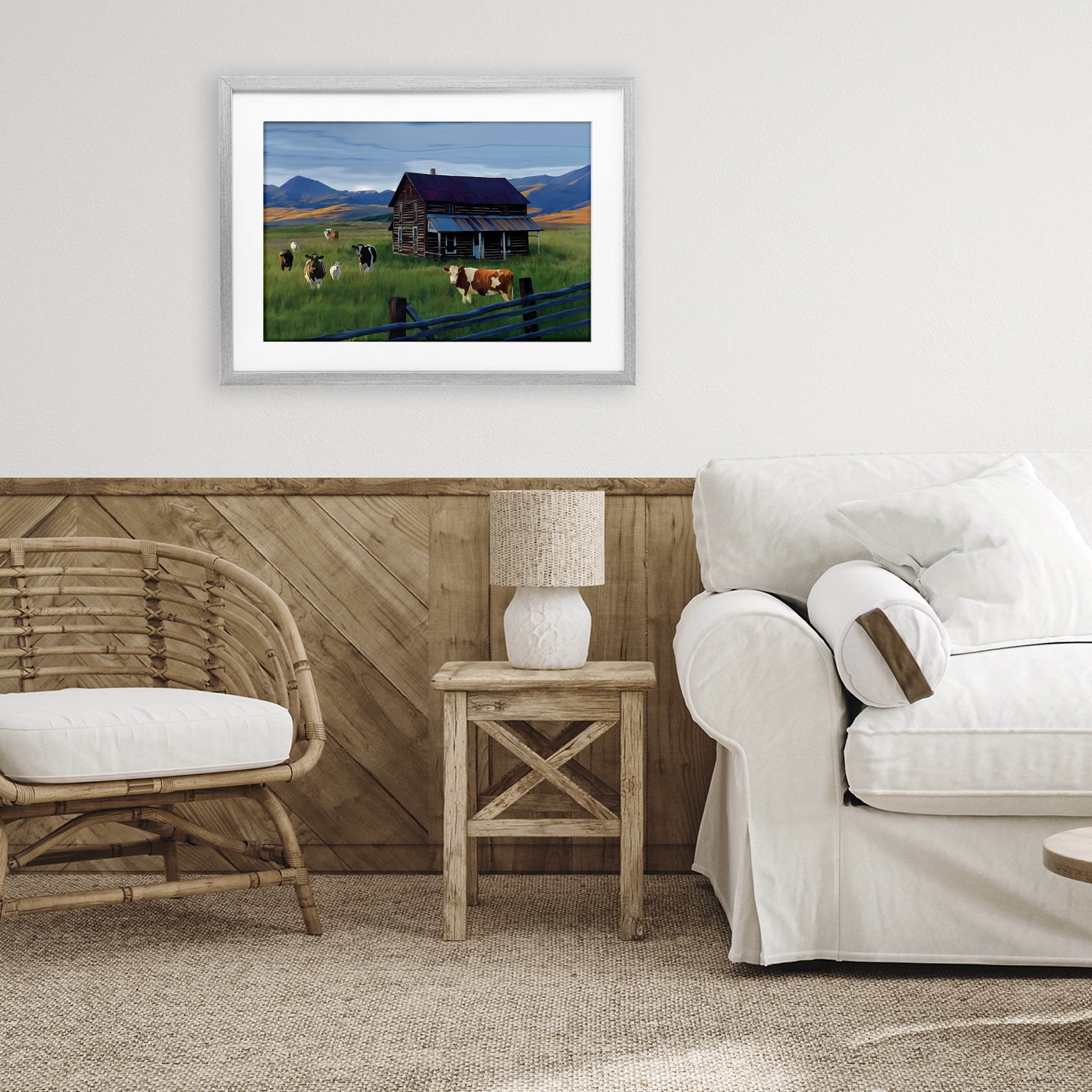 Stupell Industries Grazing Cattle at Solitary Cabin Gray Framed Print Under Glass, design by Renel Peters