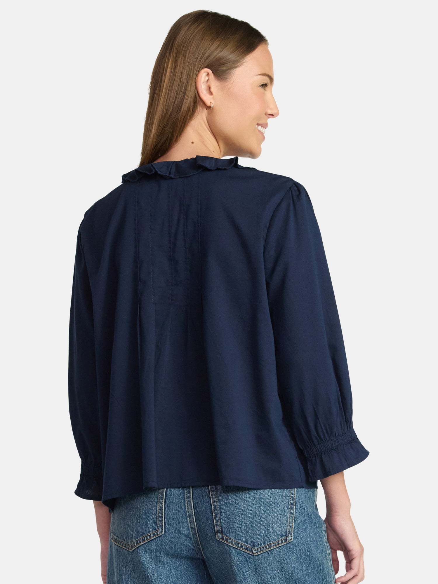 Time and Tru Women's Ruffle Neck Blouse with 3/4-Length Sleeves, Sizes XS-XXXL