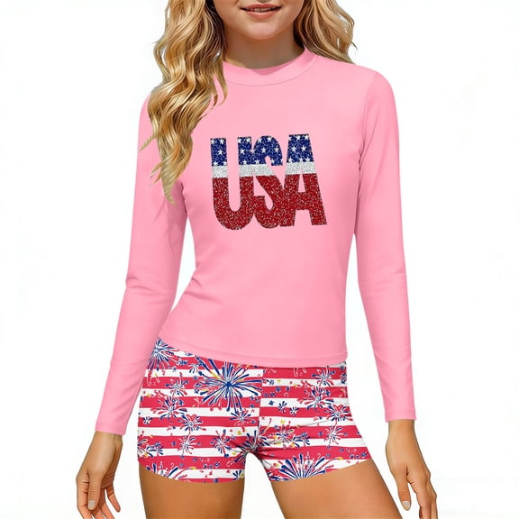 Girls Long Sleeve Rash Guard Set, 4th of July Patriotic Swimsuit, Multicolor, Size 110-160, 2-Piece,Size 9-10T