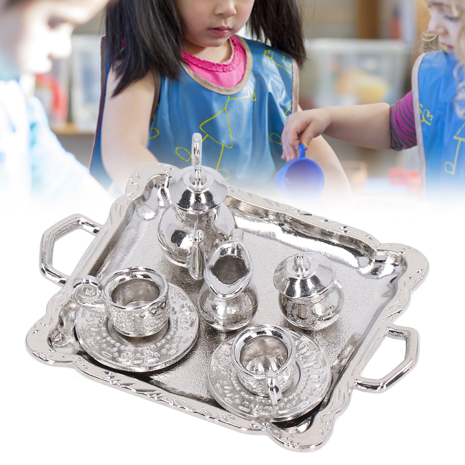 Fyydes Mini Tea Set Metal 1/12 Scaled Simulation Lifelike Miniature Tea