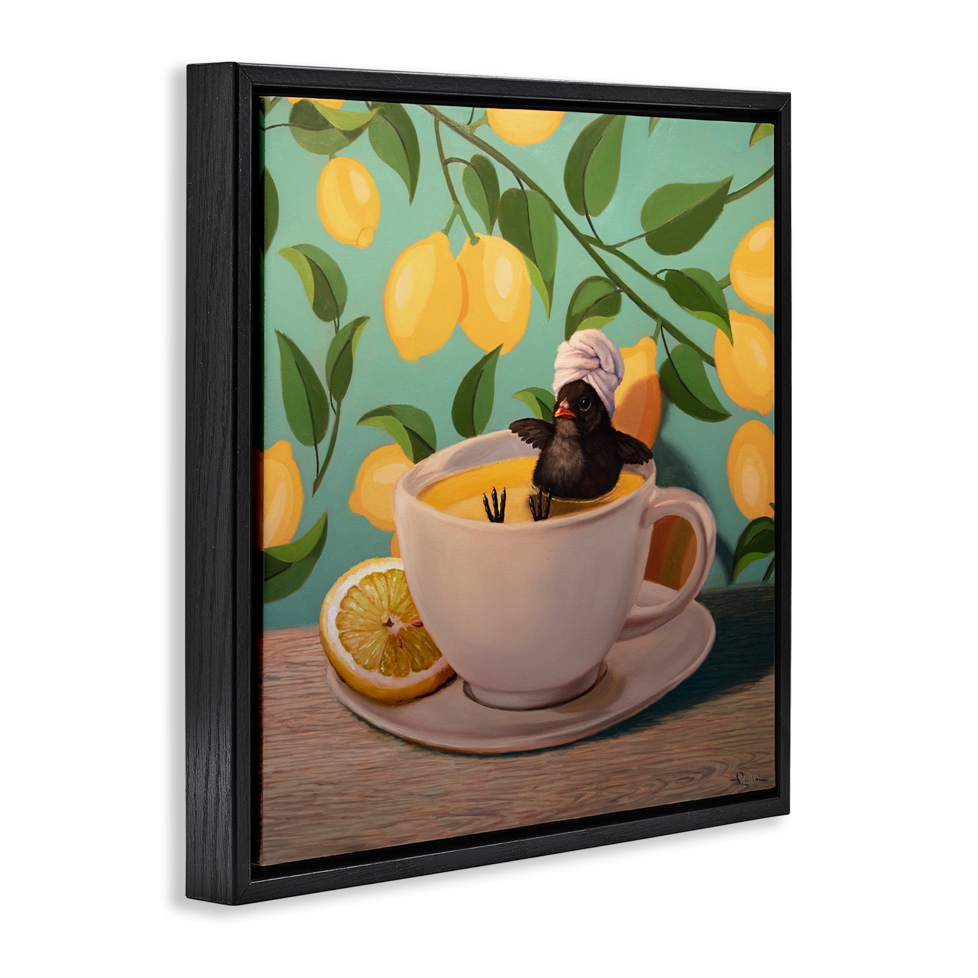 Stupell Industries Bird Bathing Lemon Tea Animals & Insects Painting Black Floater Framed Canvas Art Print Wall Art, 18 x 18