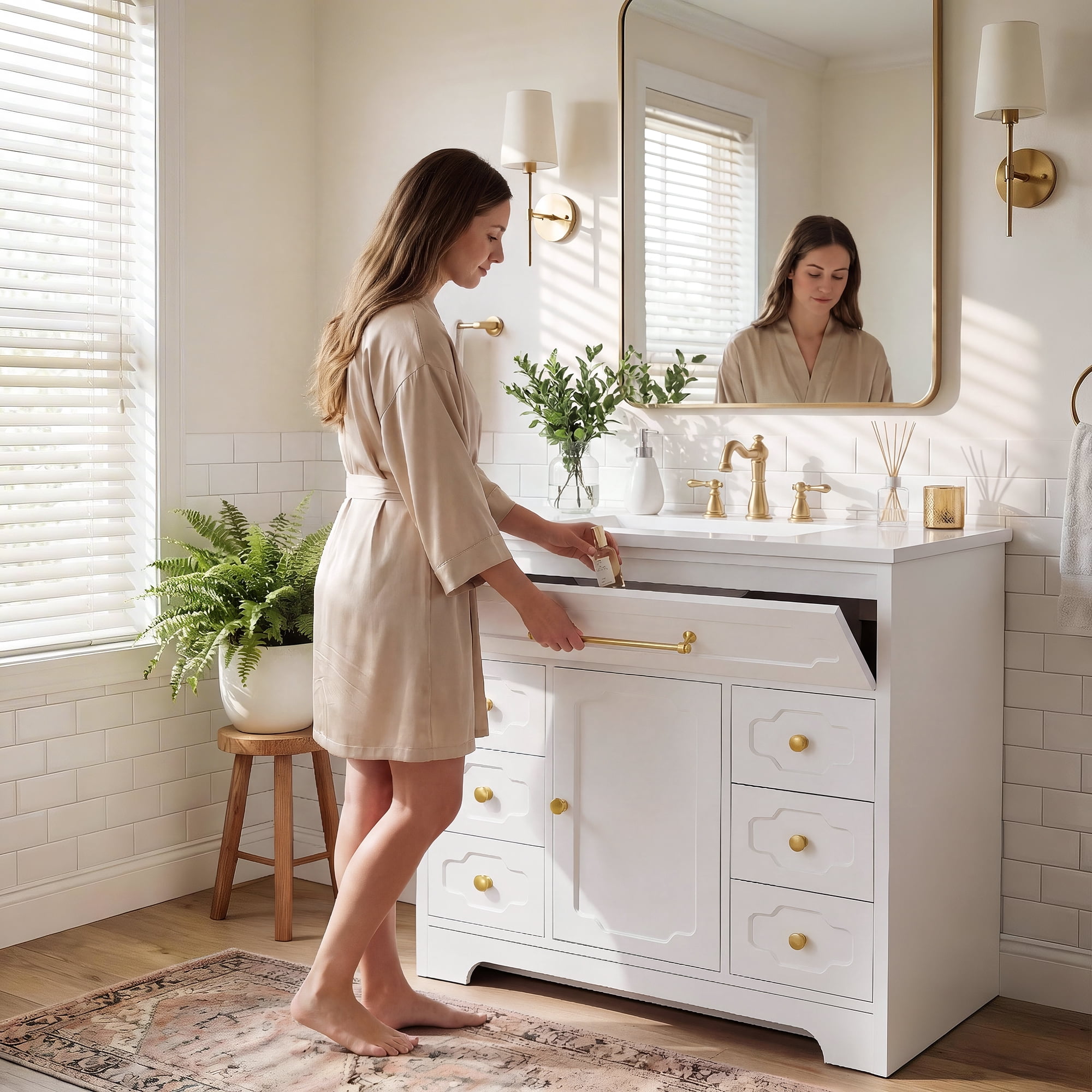 Homall 36'' Bathroom Vanity with Ceramic Sink, Freestanding Bathroom Cabinet with 5 Drawers & 1 Door, Modern Bathroom Vanity, White