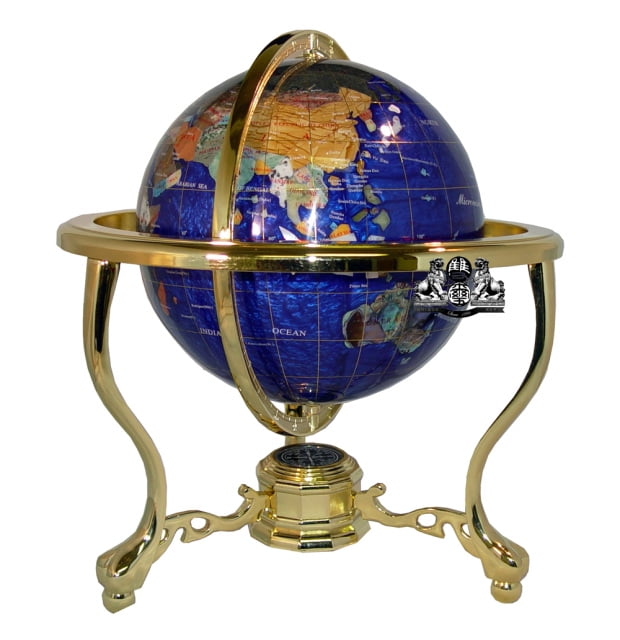 Unique Art 13" Tall Blue Ocean Table Top Gemstone World Globe Tripod Leg Gold 