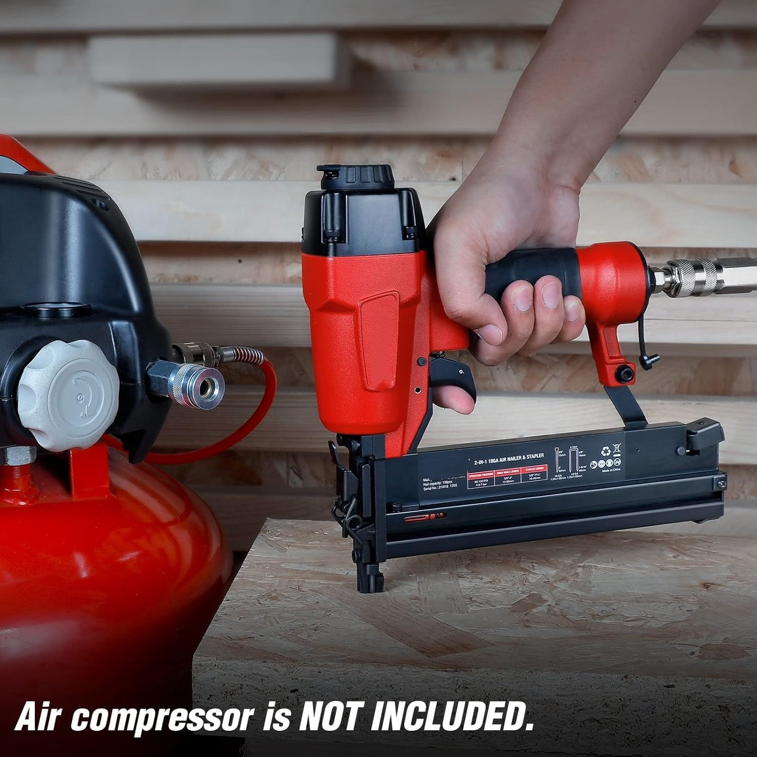 Pneumatic Brad Nailer, 18 GA, 2 in 1 Nail Gun and Crown Stapler, with 400pcs Nails/ 300pcs Staples, for Carpentry, DIY Project, Woodworking