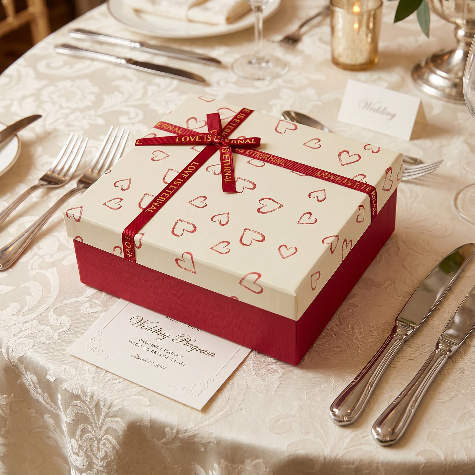 Unique Bargains Elegant Rigid Gift Box with Printed Ribbon Red 7.9" x 7.1" x 3.1"