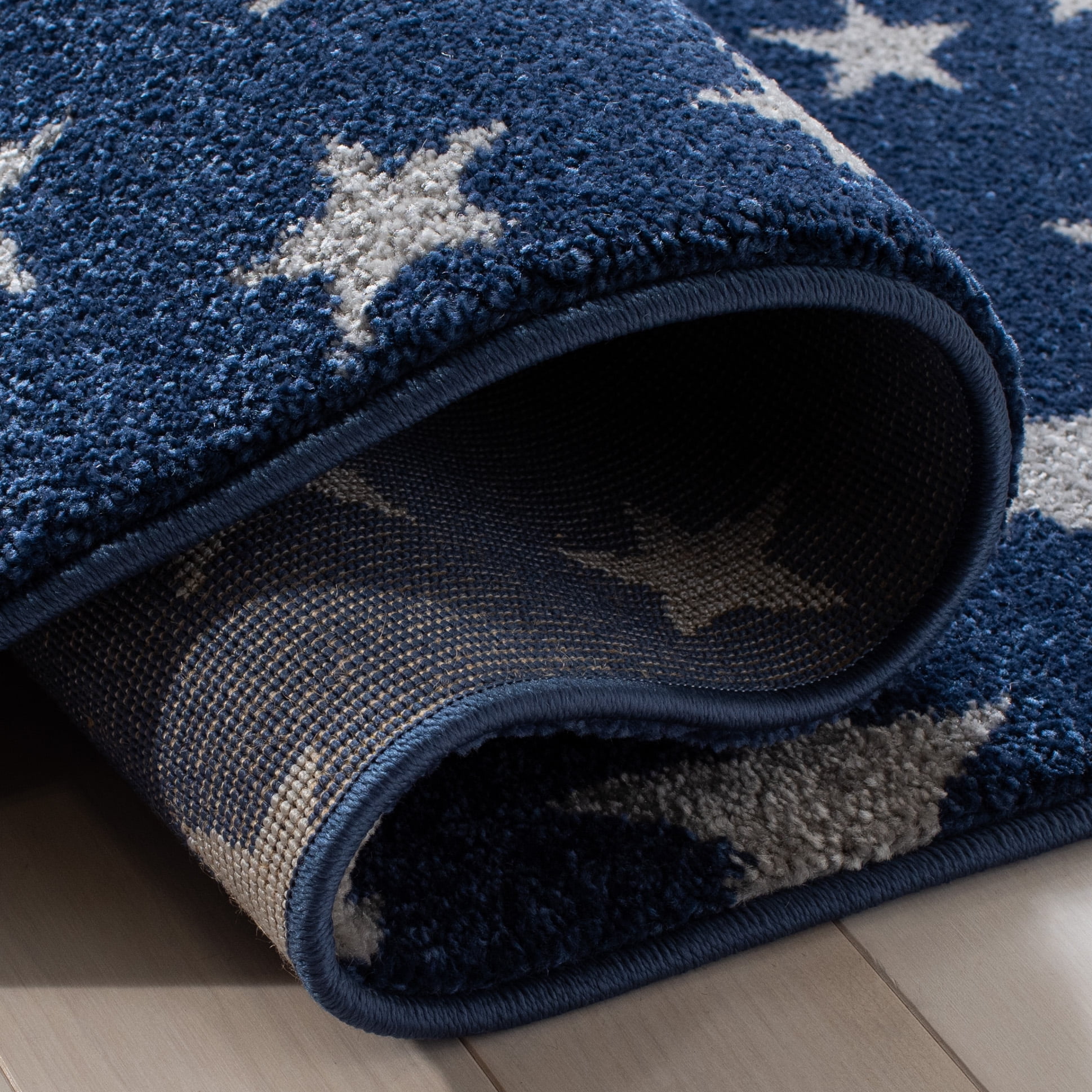 SAFAVIEH Carousel Kids Moon in the Stars Area Rug, Navy/Gray, 3' x 3' Round