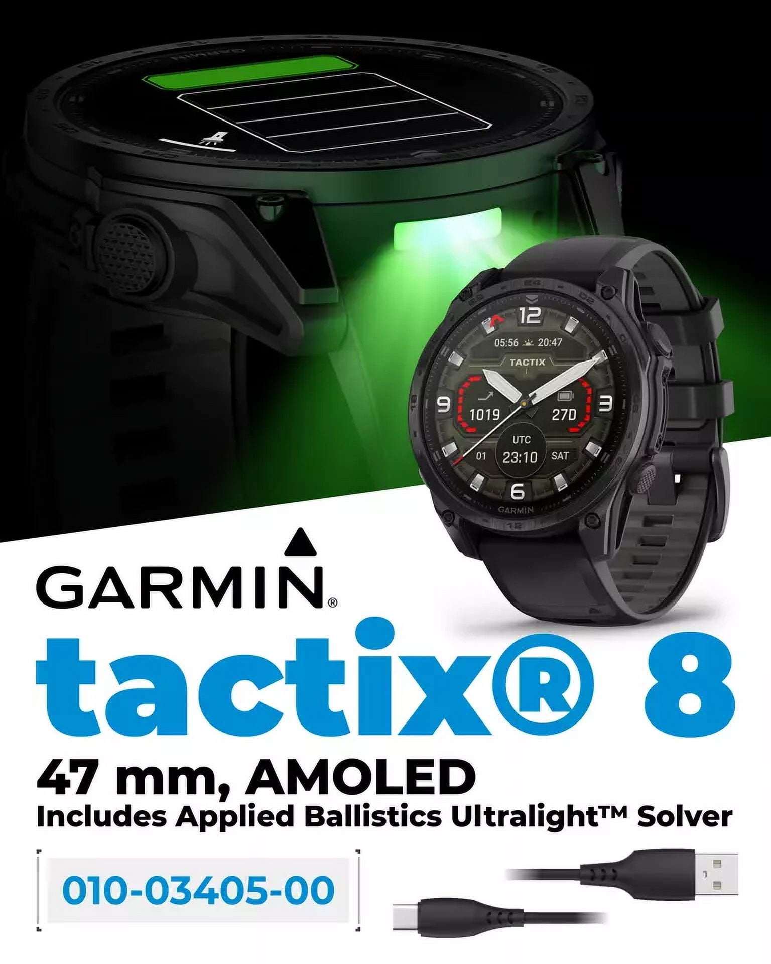 Garmin tactix 8 47mm AMOLED Sapphire Edition Smartwatch with Applied Ballistics Ultralight Solver and Built-In Flashlight (Black)