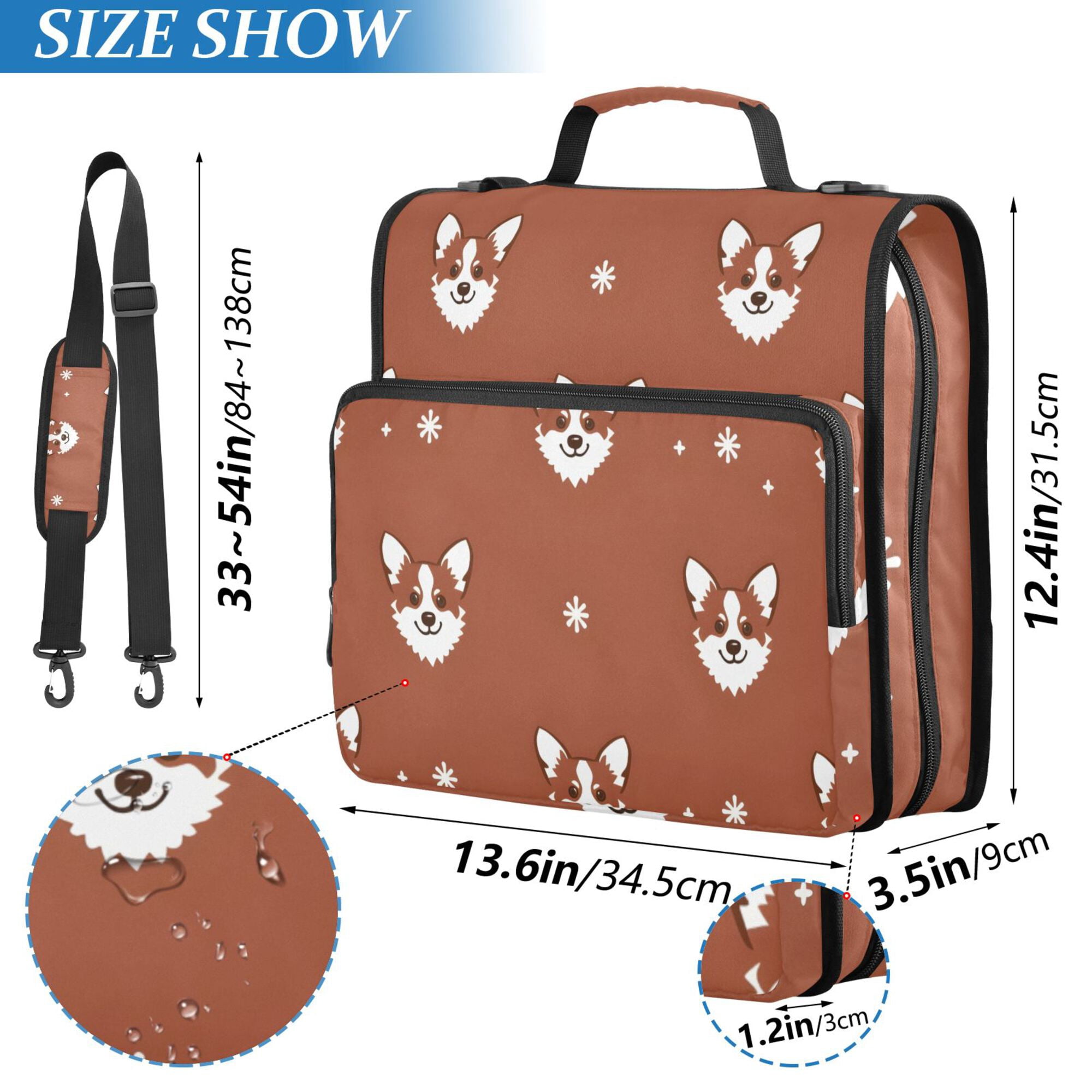 FORMRS Zipper Binder with Shoulder Strap 2-inch Ring 500 Sheet Capacity File Bag, Brown Dog Pattern