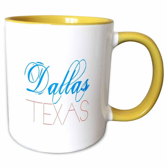 3drose, Dallas, Texas Patriotic, Decorative, Blue, Red Text on White, 15oz Two-tone Yellow Mug