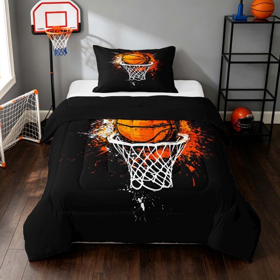 Manfei Basketball Twin Comforter Sets, Sports Bedding Set, Grunge Black Orange, Black Reversible 2pcs 1 Comforter and 1 Pillowcase
