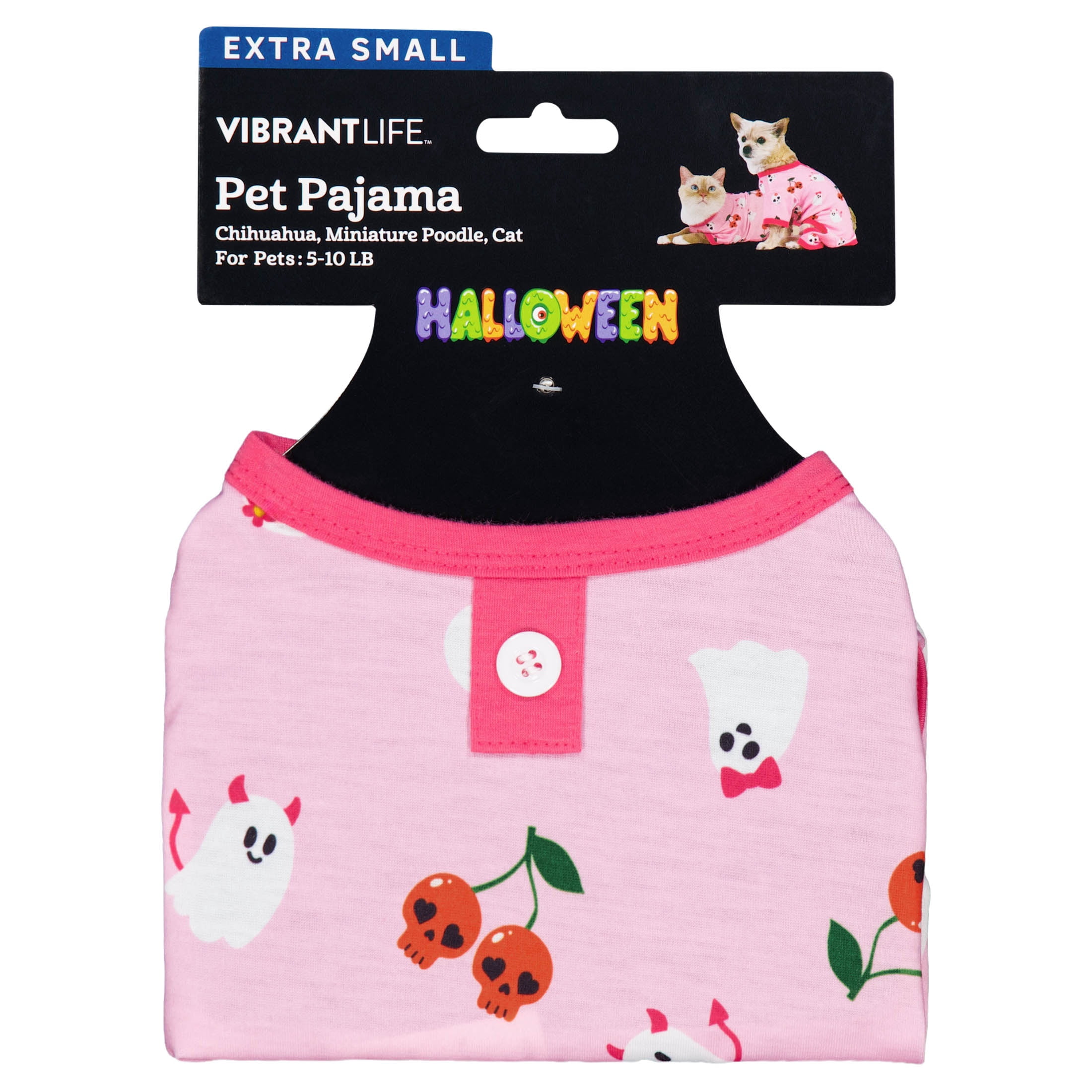 Vibrant Life Halloween Pajamas for Dogs and Cats, Skull Cherries and Ghosts, Pink, XS