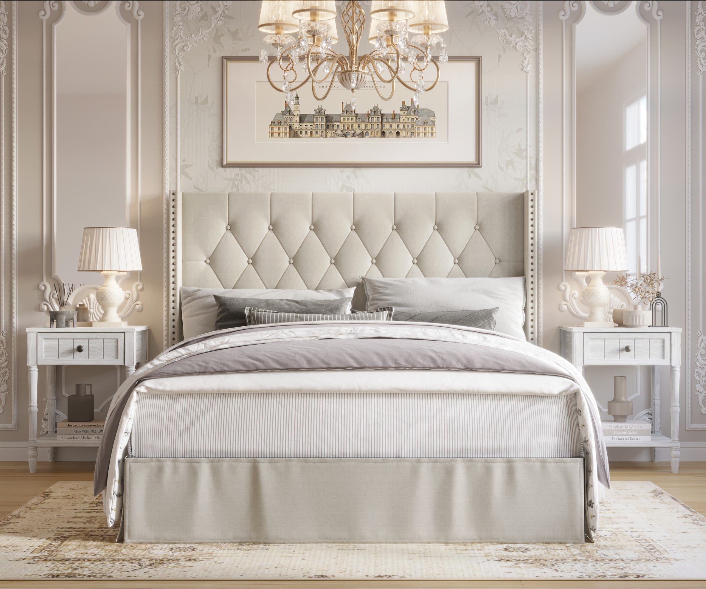 HMD Billy Full Upholstered Panel Bed with 2 Night Stand, Warm Gray