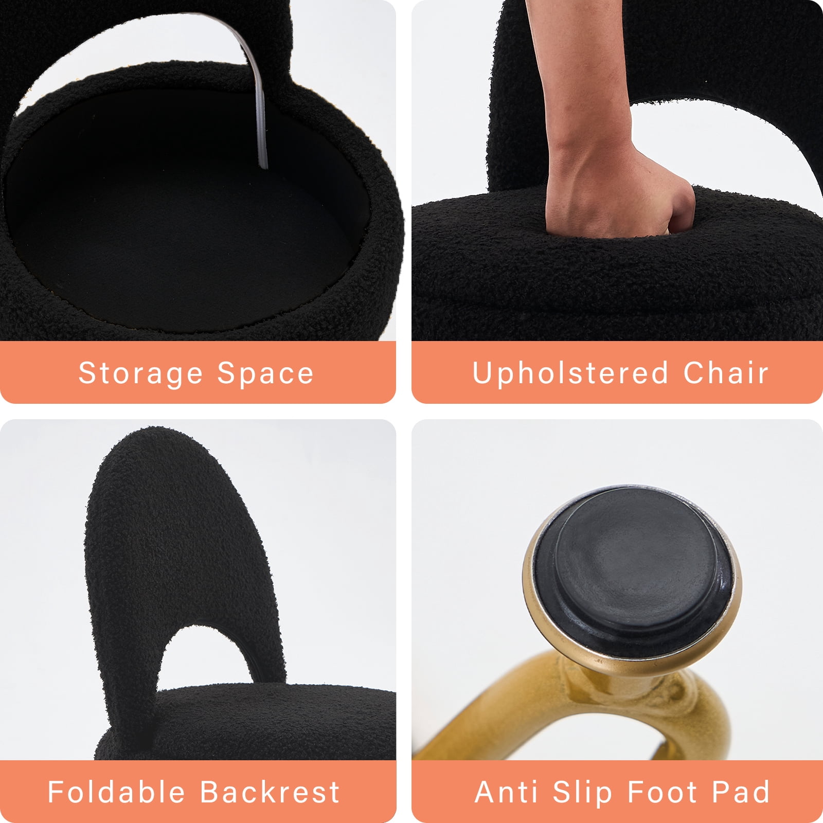 Casa Pura Furniture Modern Teddy Velvet Storage Ottoman Folding Back Vanity Stool Round Black