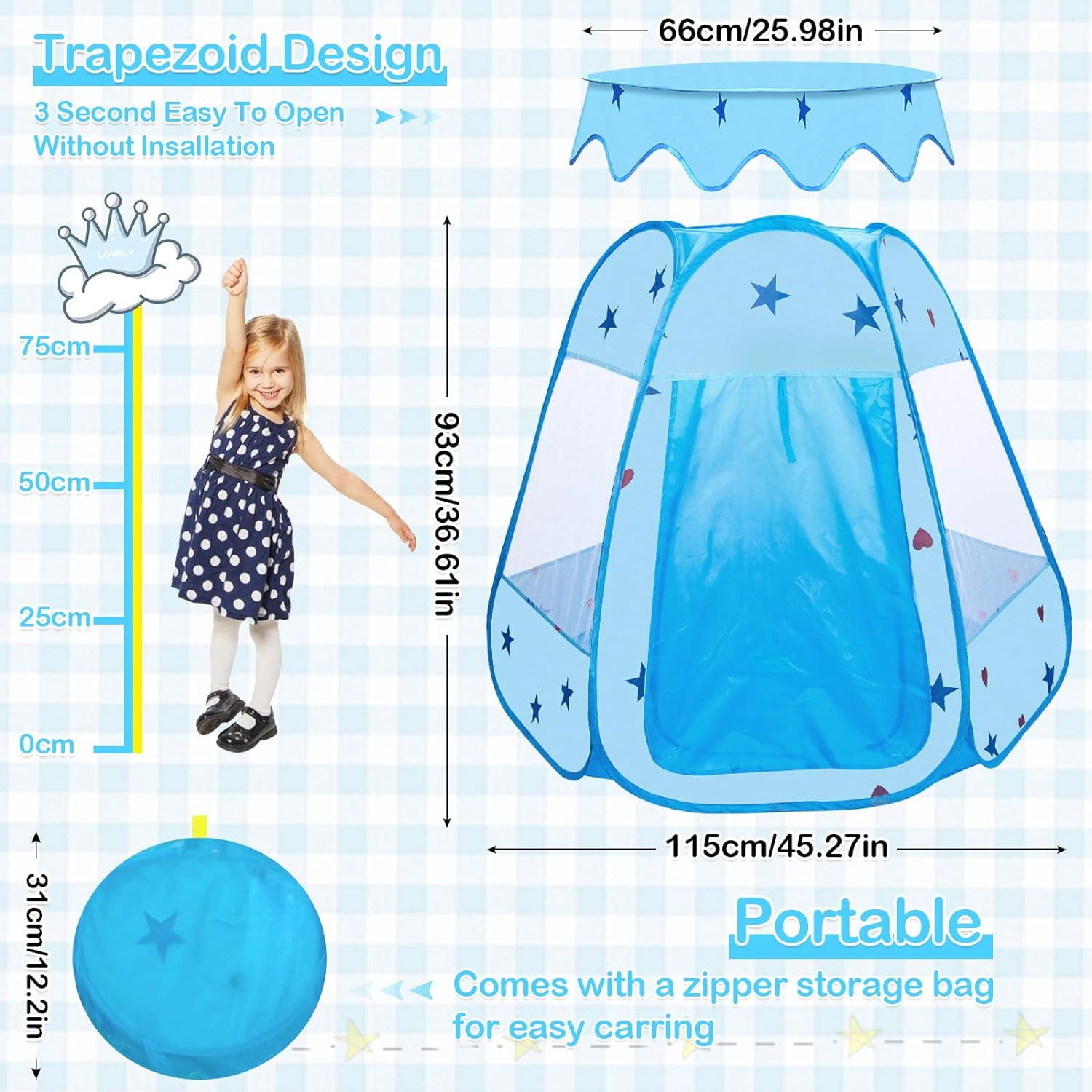 Ucradle Princess Playhouse Tent for Toddlers and Girls, Indoor & Outdoor Pop Up Play Tent for Kids, Foldable Ball Pit with Carrying Bag, Birthday Gifts for 1-3 Years Old Toddlers and Girls, Blue