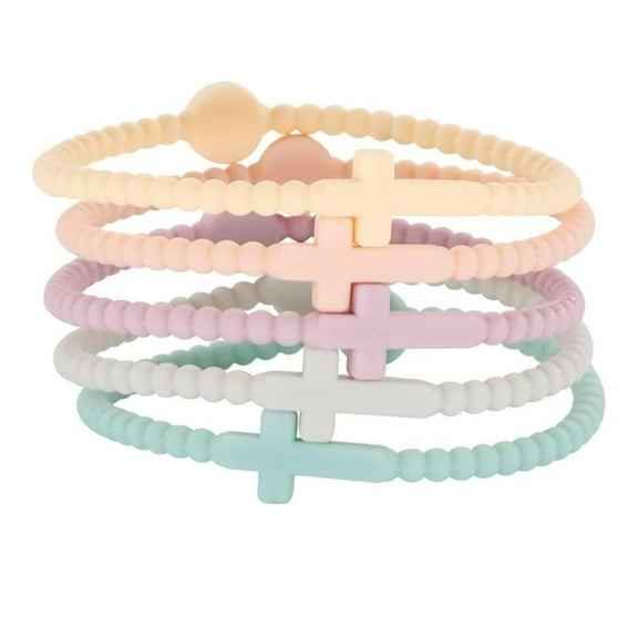 Lashicorn Silicone Cross Bracelets for Girls 5 Pack pcs Big Pack Bulk Pastel Neutral Colors Jesus Eternal Life Bracelet Adult for Women Pink Yellow Green Blue Easter Basket