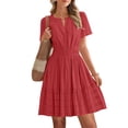thumbnail image 5 of Iyufng Womens Dress of Summer Solid Short Sleeve V-Neck Pleated Elastic Waist Lightweight Length Casual, 5 of 9