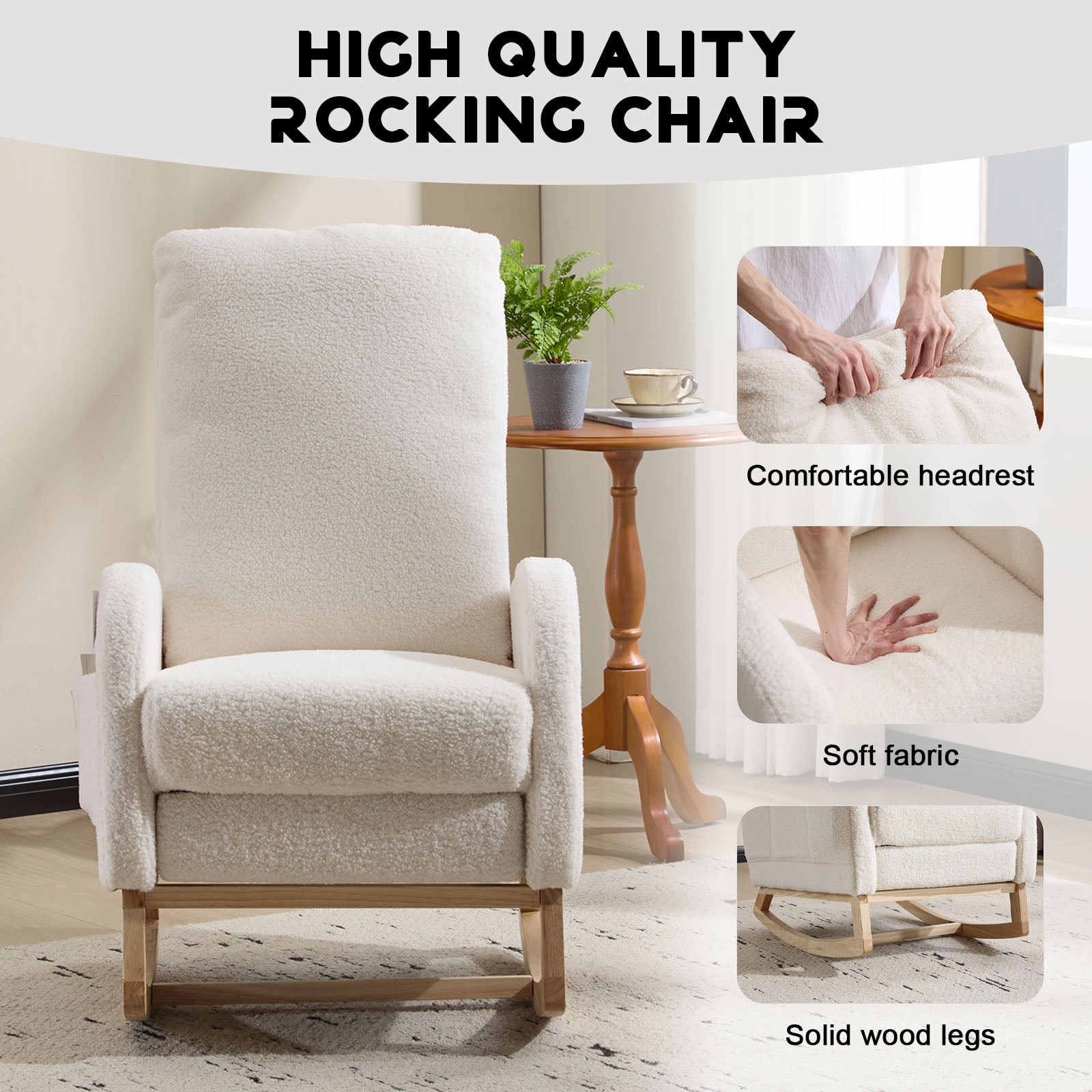 CQSXDA Modern Accent Rocking Chair with Solid Wood Legs and Side Pocket Upholstered Nursery Glider for Any Room, White