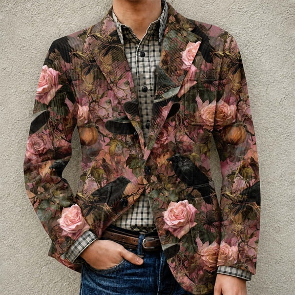 Domuza Long Sleeve Blazer for Men Corduroy Suit Jacket Sports Coat Casual Business Dress Floral Suit One Buttons with Pocket Watermelon Red XL