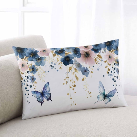 Navy Blue Spring Floral Throw Pillow Covers, Farmhouse Butterfly Watercolor Soft Breathable Pillow Cases with Invisible Zipper for Sleeping, Toddler Pillowcases for Couch Bed Sofa Chair 12x20 Inches