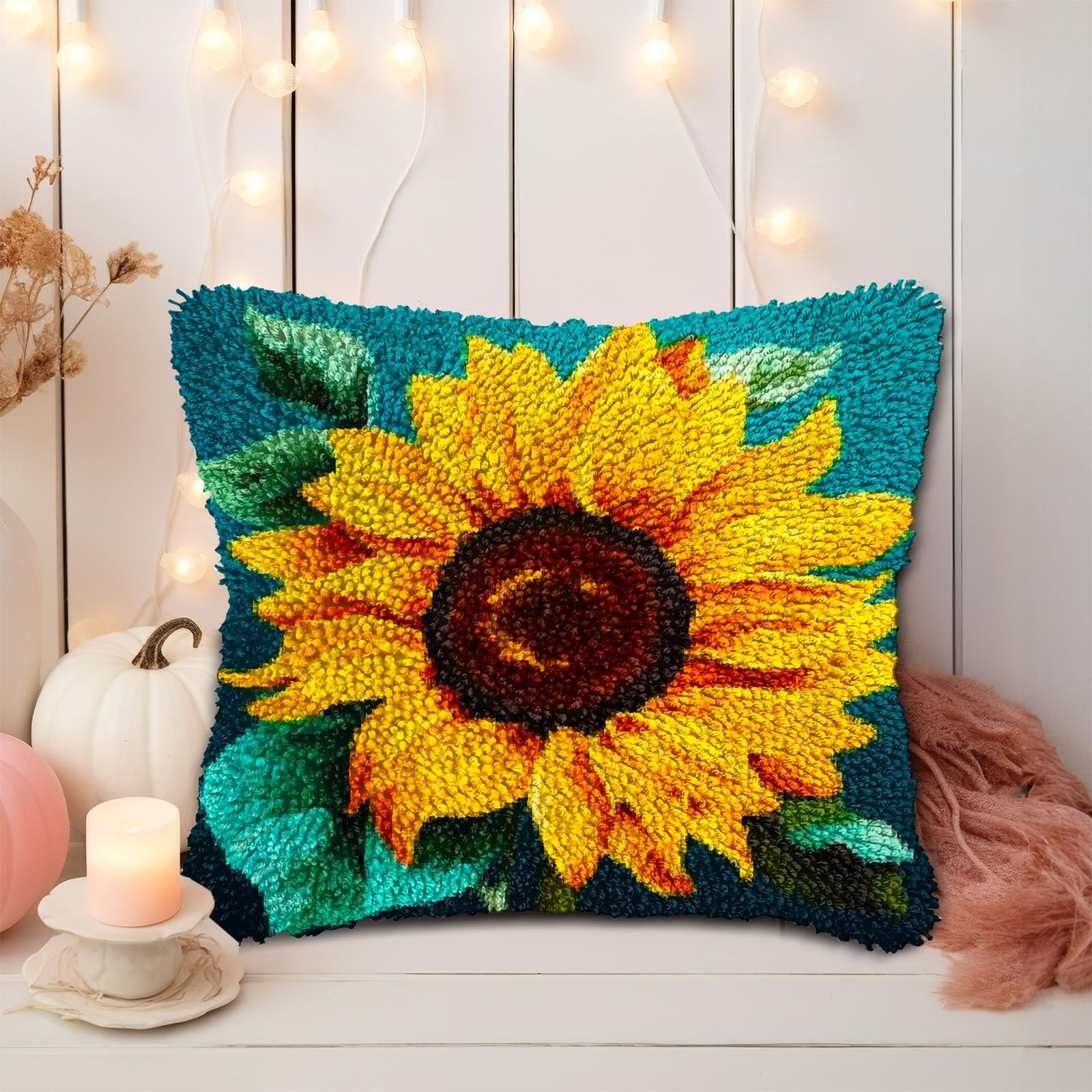 A Sunflower DIY Latch Hook Pillow Kits for Adults Printed Pillowcase Crochet Yarns Hooking Handmade Pillow Cover Cushion for Home Sofa Decoration 17x17inch