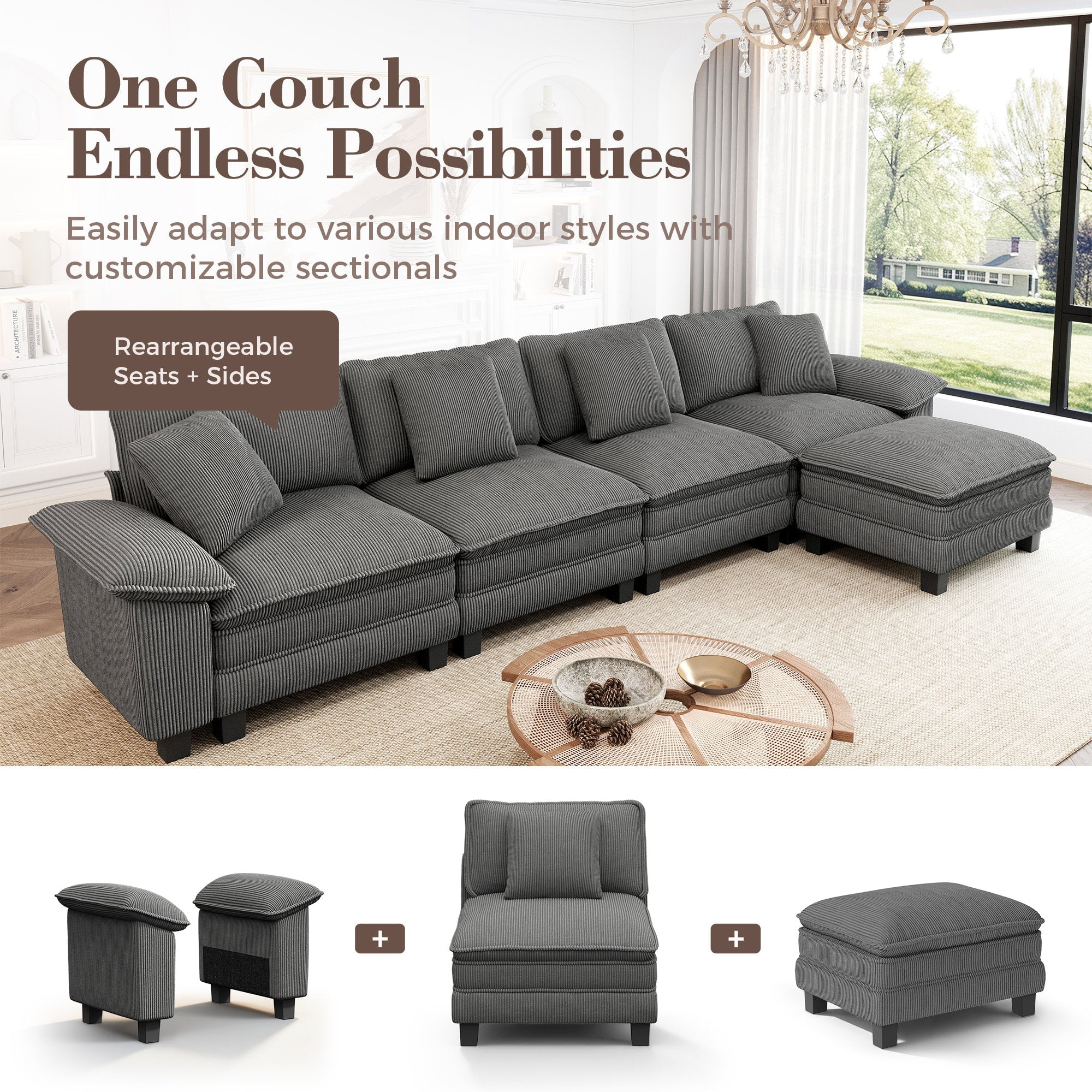 MF Studio Modular Cloud Couch Set, 5-Seater Loveseat and Sofa Set with Removable Armrests, Comfy Corduroy Fabric, Gray
