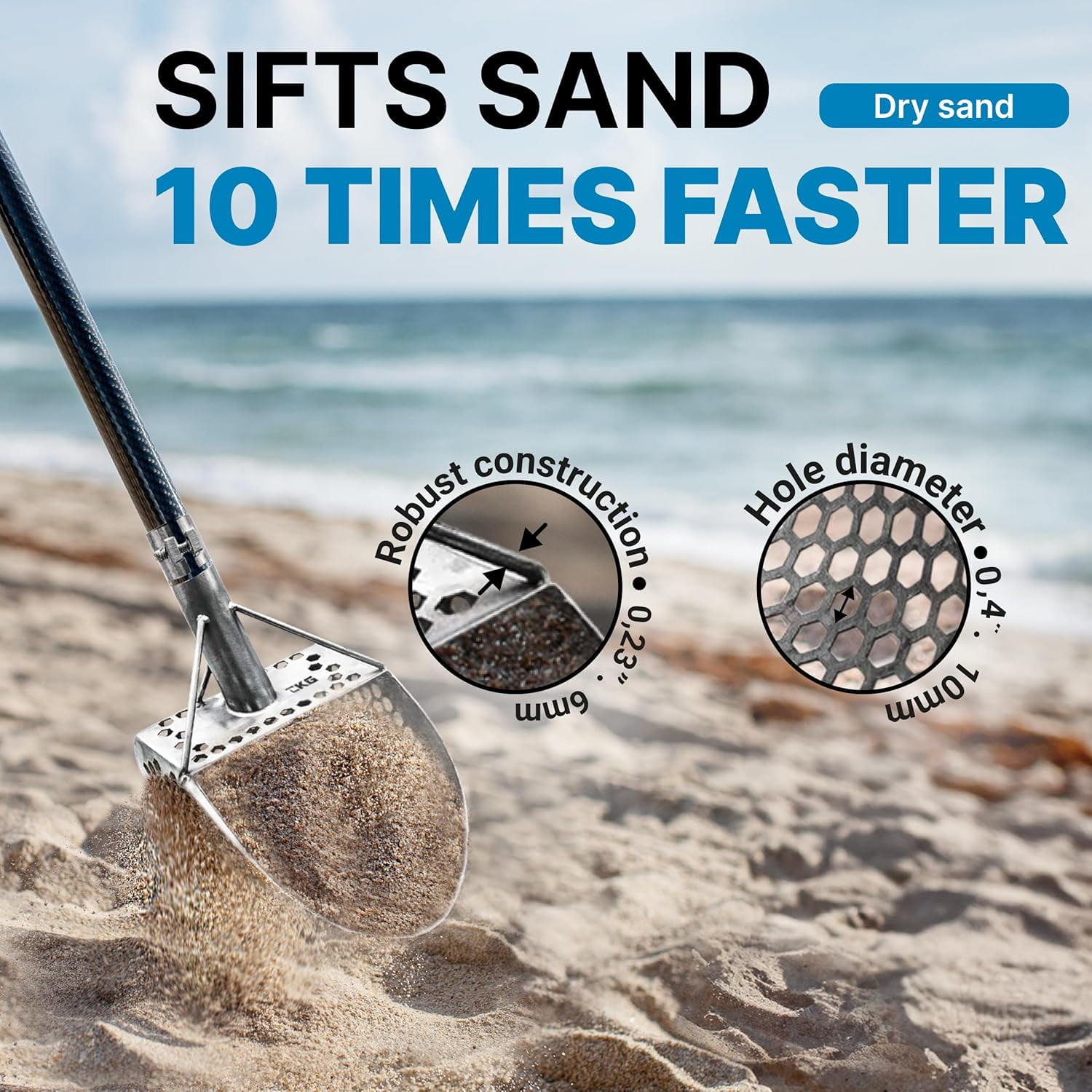 CKG Sand Scoops for Beach Metal Detecting Stainless Steel Beach Metal Detecting Shovel Underwater Treasure Hunting, Metal Detector Accessories(Bag + Scoop + Carbon Fiber Handle), (9x6 + Handle)