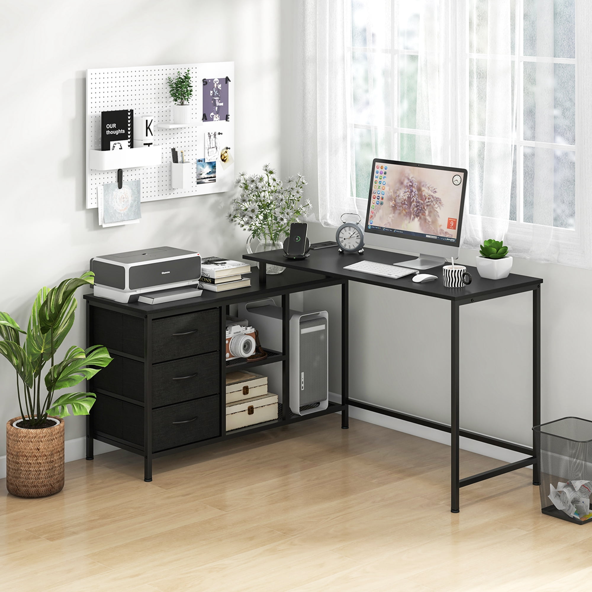 Costway L-shaped Computer Desk with Power Outlet, Fabric Drawers, Metal Mesh Shelves Black