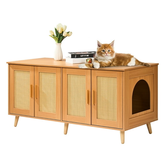 VEVOR Cat Litter Box Enclosure for 2 Cats, Litter Box Furniture Hidden with Rattan Decorated Doors, Wooden Cat Box Cabinet Fit Most of Litter Box, 47.2"L x 19.7"W x 21.7"H, Natural