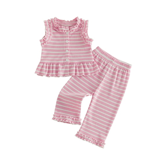 Cenuakty Little Girls 6M 12M 18M 24M 2T 3T 4T Striped Pants Sets Sleeveless Ruffle Trim Tank Tops Trousers Summer Outfits