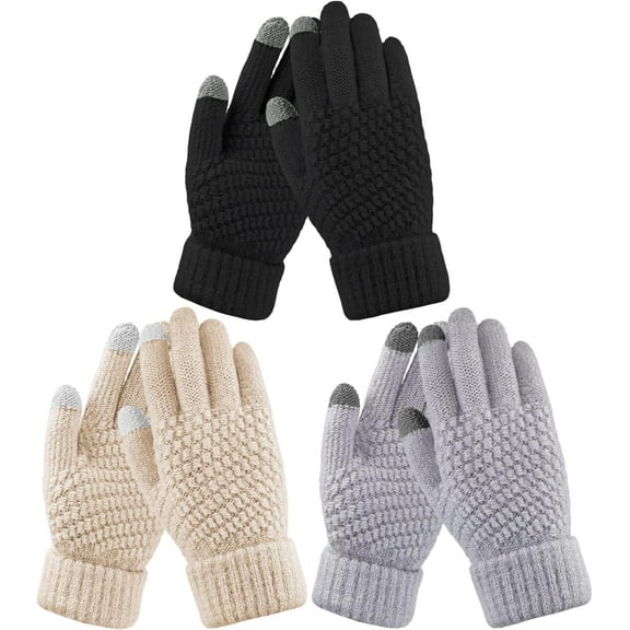 3 Pairs Womens Touch Screen Gloves Winter Warm Knit Fleece Lined Gloves Elastic Cuff Texting Mittens Gifts