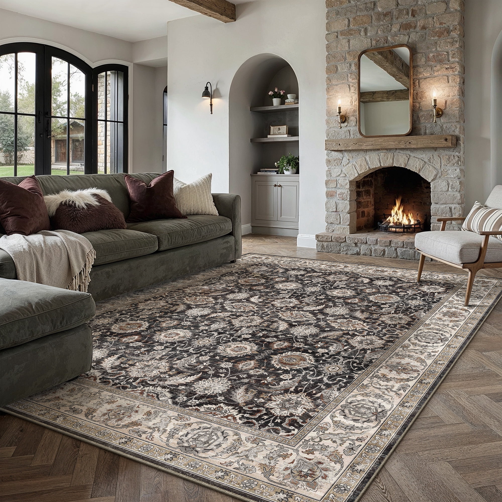 BERTHMEER 8'x10' Area Rugs for Living Room Large Vintage Black and beige Carpets for Bedroom Office Machine Washable Farmhouse Dining Room Oriental Rugs Non Slip Traditional Distressed Rugs