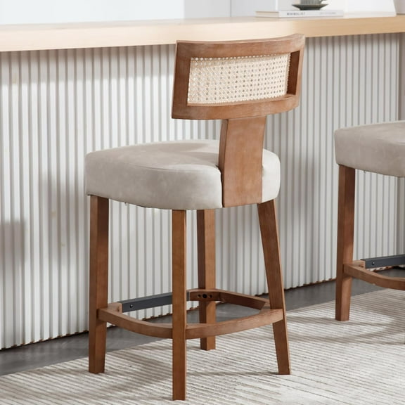 26' Rattan Bar Stool Counter Height Stools Modern Kitchen Counter Stools with Natural Rattan Woven Back, Farmhouse Leather Upholstered Countertop Chairs, Grey