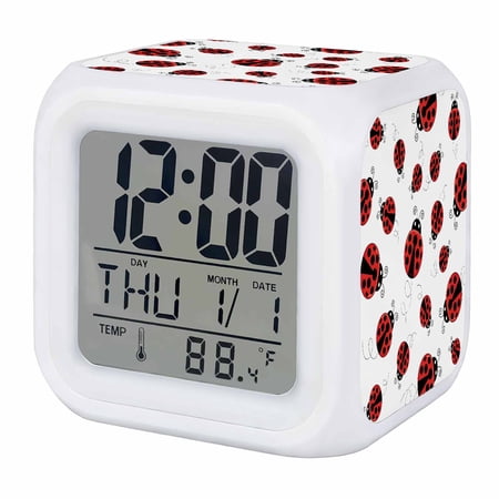 Cartoon Ladybug Digital Alarm Clock for Bedrooms, Smart LED Alarm Clock with 7 Color Changing Night Light, Funny Animals Dot Modern Simple Silent Wake Up Clocks for Sleep Study Cooking 3.2x3.2