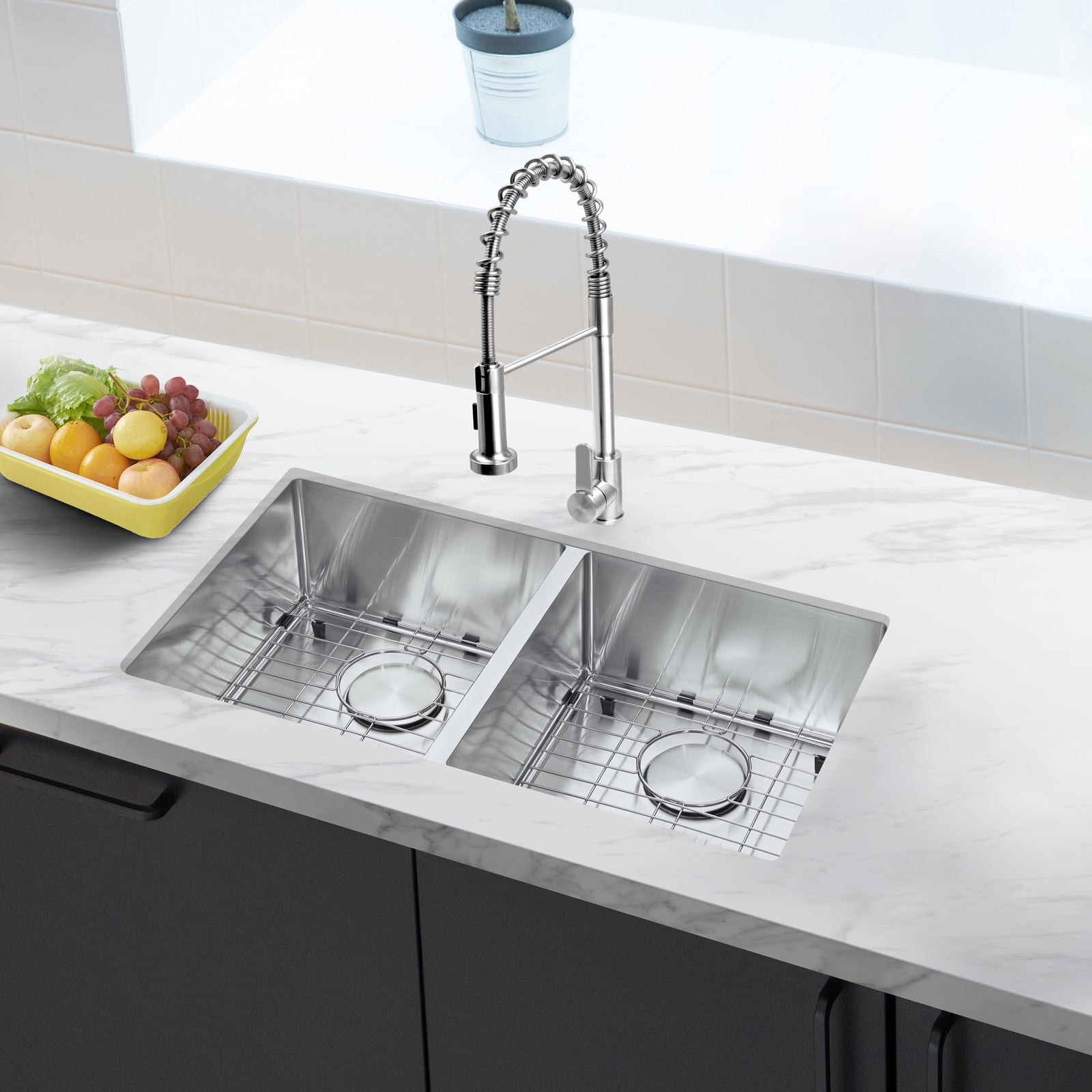 32" Undermount 50/50 Double Bowl Kitchen Sink and Pull-down Faucet Combo with Drain Assembly with Strainer, Protective Bottom Grid, All in One