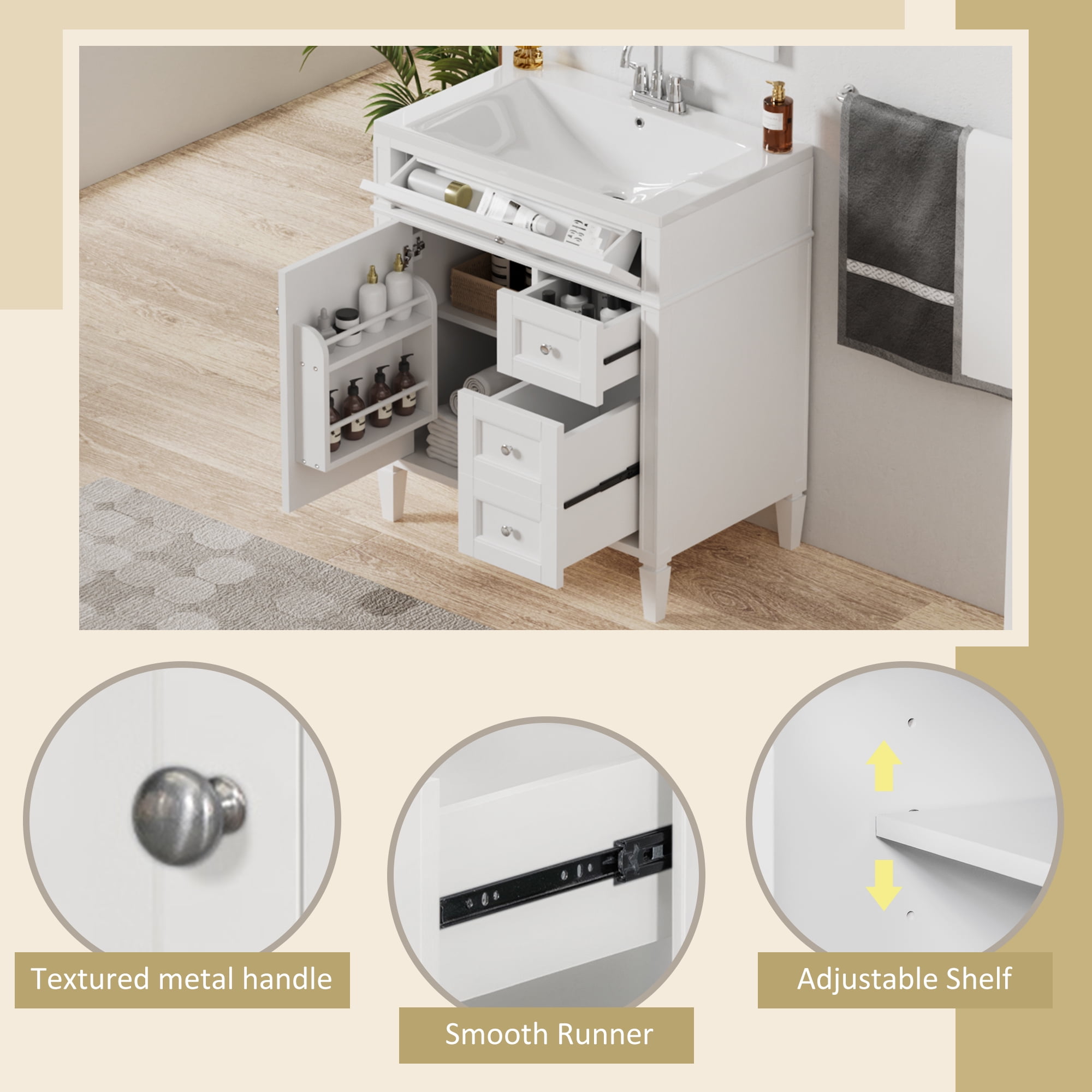 Euroco 30'' Bathroom Vanity with Top Sink, Modern Bathroom Storage Cabinet with 2 Drawers and a Tip-out Drawer, Single Sink Bathroom Vanity (Same as SW000122AAK-1)