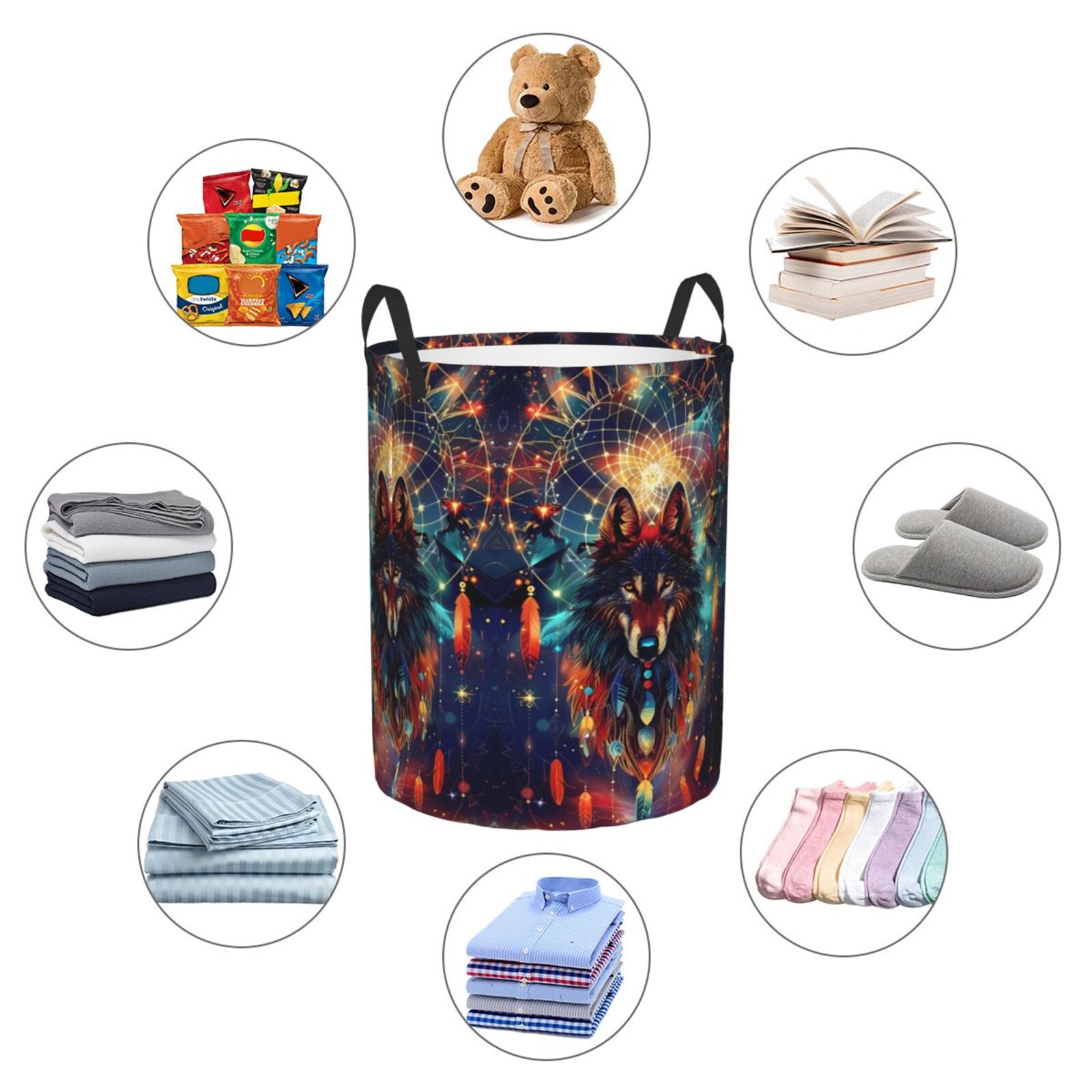 Large Laundry Basket with Handles - Mystic Wolf Dreamcatcher Kids Baby Dirty Clothes Laundry Hamper for Bedroom Aesthetic