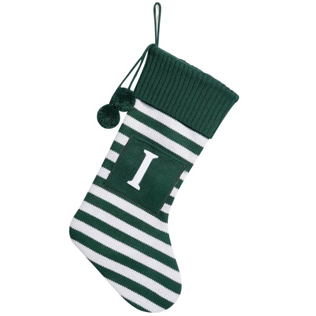 TIMIFIS 19.7 Inches Christmas Stockings,Large Letters Striped Knitted Christmas Decorations Stocking for Family Holiday and Xmas Tree Fireplace Decor-I-Green