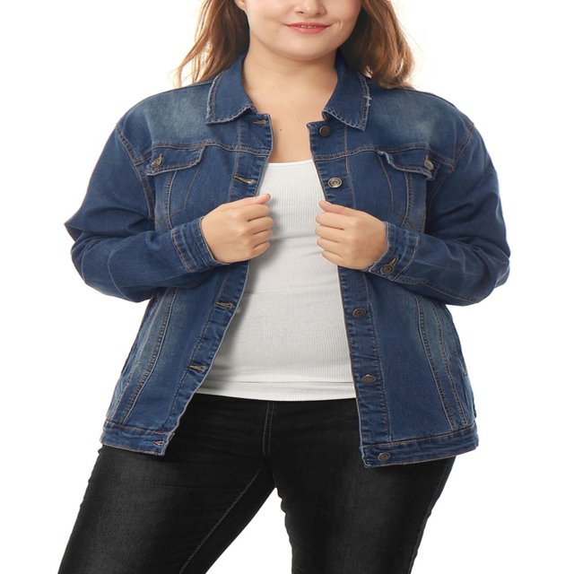 Unique Bargains Women‘s Plus Size Long Sleeve Button Front Washed Denim Jacket