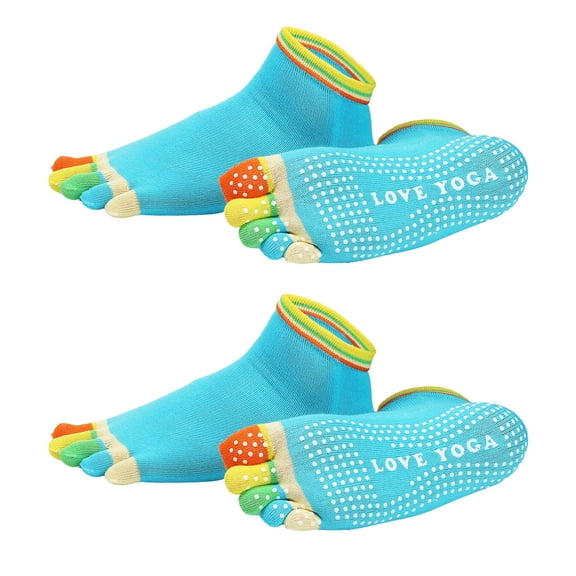 Uxcell Yoga Toe Socks, Non-Slip Five Toe Socks Cotton Toe Sock Finger for Men Women High Performance One Size Fits -Fit for (Pilates/Barre/Ballet/Fitness) 2 Pairs & Colorful-Blue