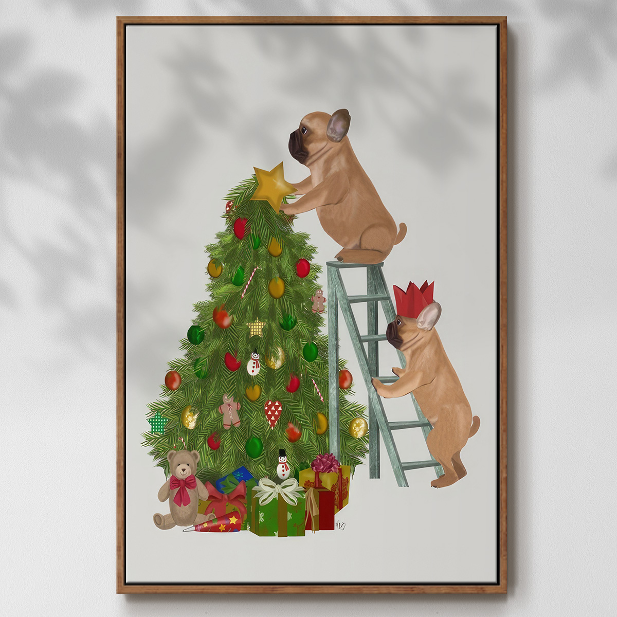 Christmas French Bulldog Tree Ladder - Framed Gallery Wrapped Holiday Canvas - 25 x 37 - Rosewood Frame