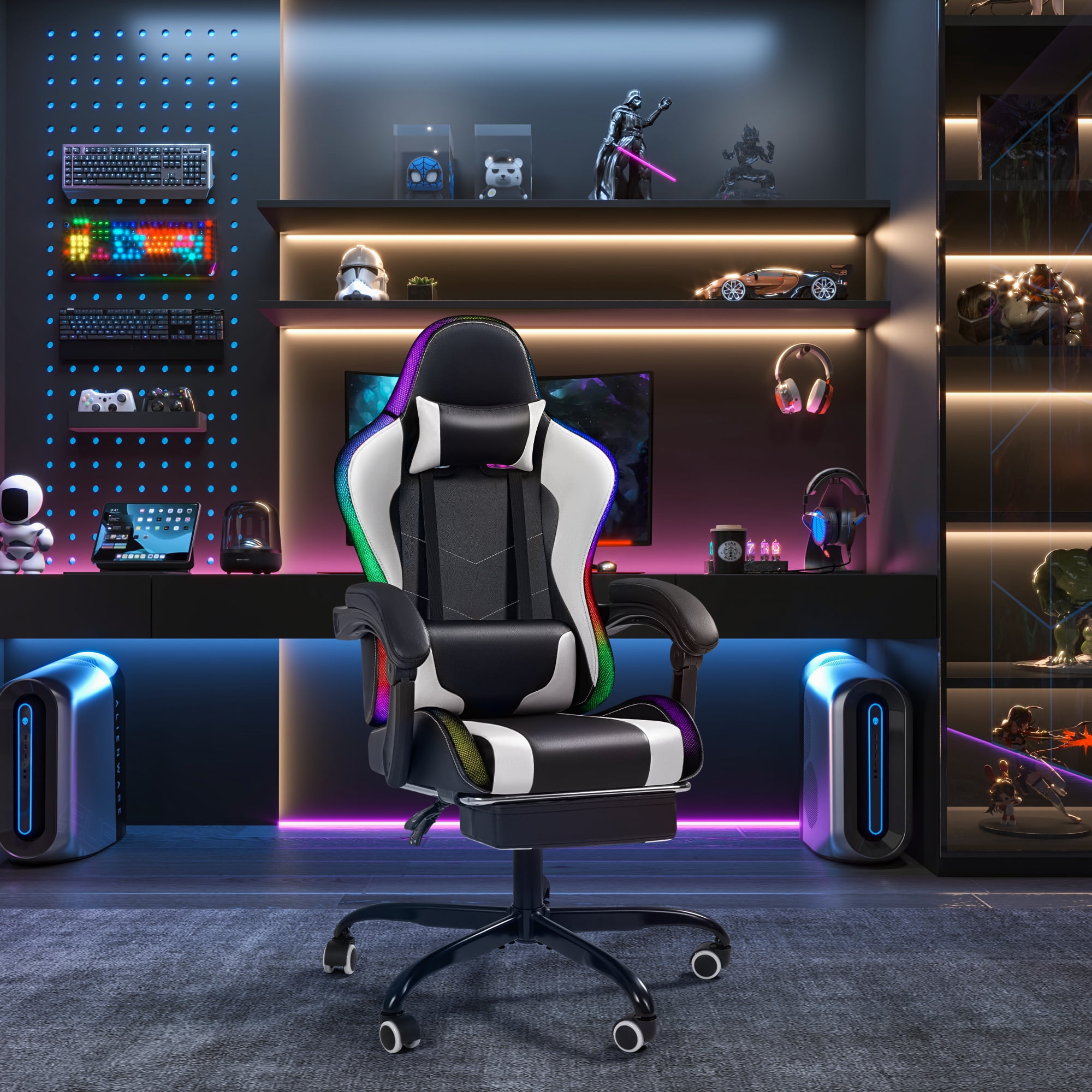 Homall RGB Gaming Chair with APP & Remote Control, LED Lights Ergonomic Computer Chair with Footrest & Massage Lumbar Support, White
